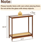 Bamboo Narrow Console Table, 31.5"(L) Wood Small Entryway Table with Rattan and Glass, Accent Slim Hallway Tables, Thin Sofa Side Tables for Hallway, Living Room, Bedroom, Foyer, Walnut