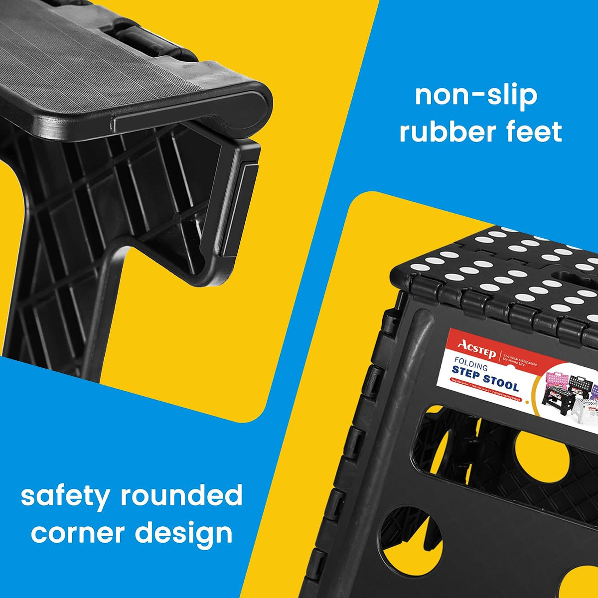 ACSTEP 16 and 13 Inch Folding Step Stool 2-Piece Set, 400/300 LB Capacity Plastic Foldable Stools with Handle, Non-Slip Step Stool, Home Use(Black & Black)