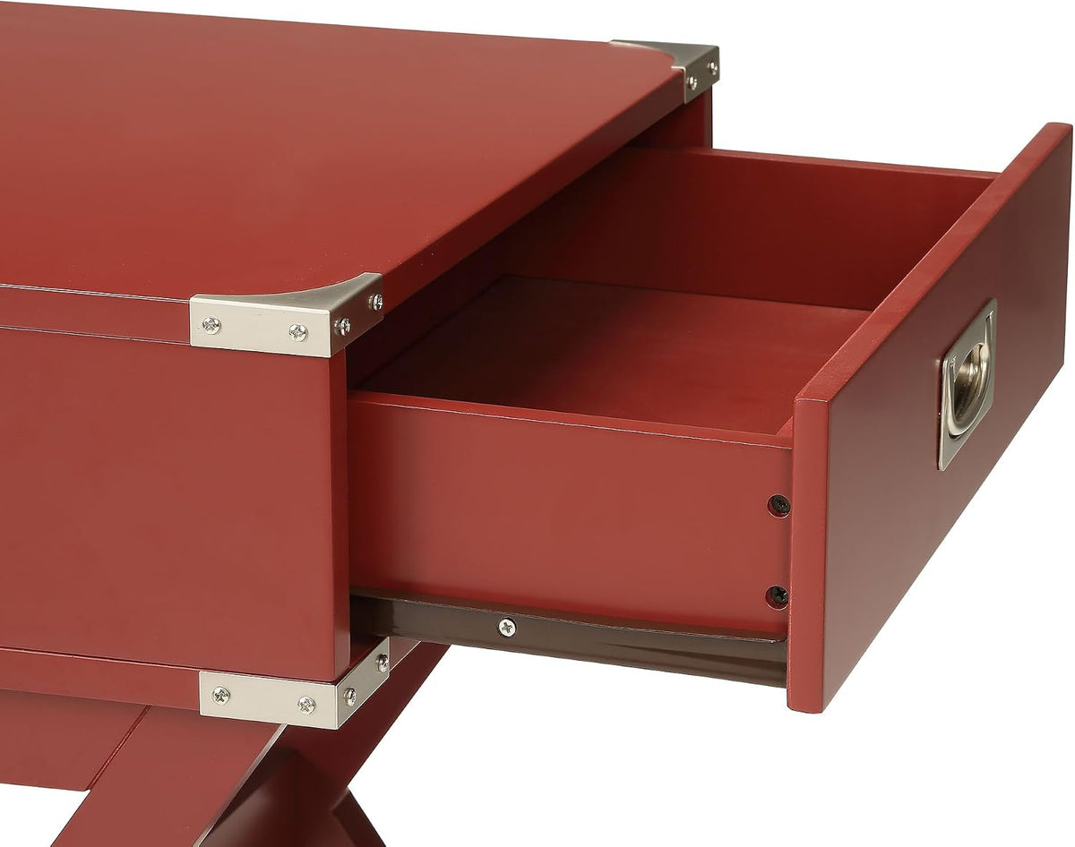 16" Square Accent Table, Drawer Storage, X-Shaped Base with Metal Corner Trim for Living Room, Red