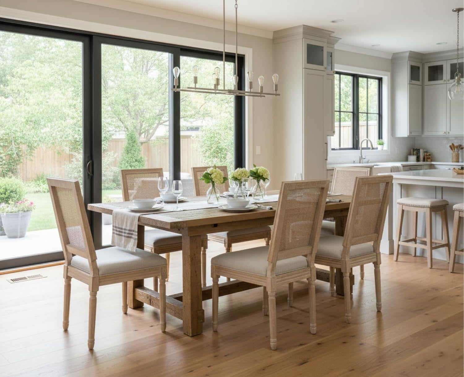 CIMOTA Farmhouse Dining Chairs Set of 8, French Rattan Dining Room Chairs with Rectangle Back/Distressed Wood Upholstered Vintage Side Chairs for Kitchen/Restaurant, Linen Beige/8PCS