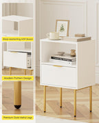 Masupu Night Stand, Mid-Century Bedside Table with Storage Drawer and Open Wood Shelf, Small Gold Frame Flueted Nightstand, Side Table for Bedroom, Living Room, White(Tall 25'')