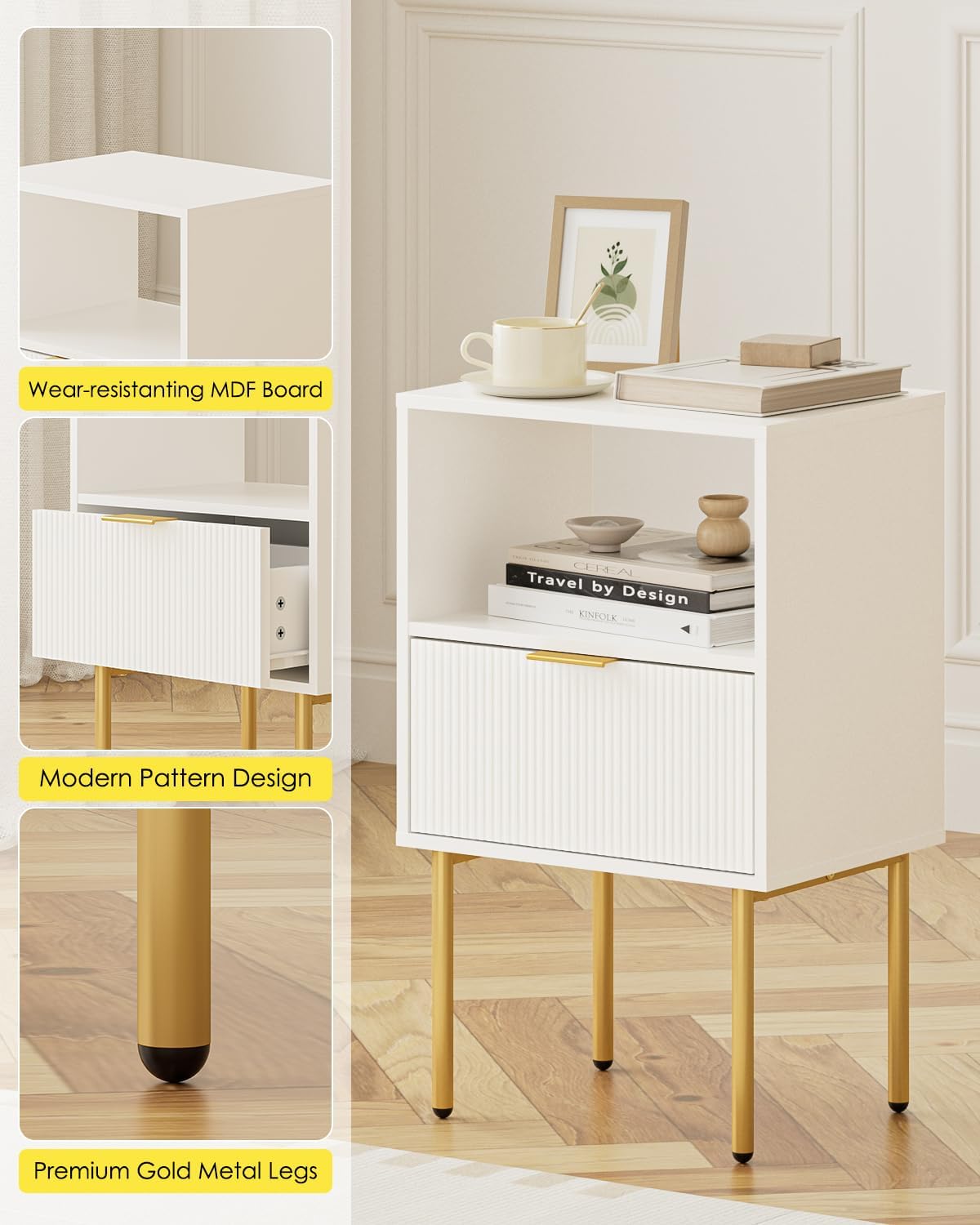 Masupu Night Stand, Mid-Century Bedside Table with Storage Drawer and Open Wood Shelf, Small Gold Frame Flueted Nightstand, Side Table for Bedroom, Living Room, White(Tall 25'')