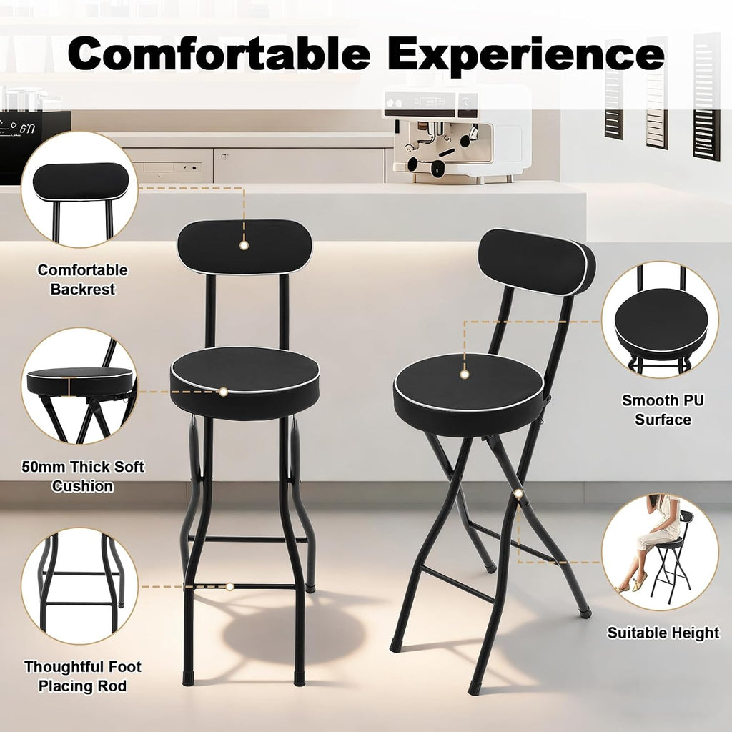 2PCS Folding Bar Stool with Backrest, Tall Folding Chair Counter Height Foldable Chairs Tall Bar Collapsible Stools for Adults Kitchen Guitar Shop Cafe Barstools (Black)