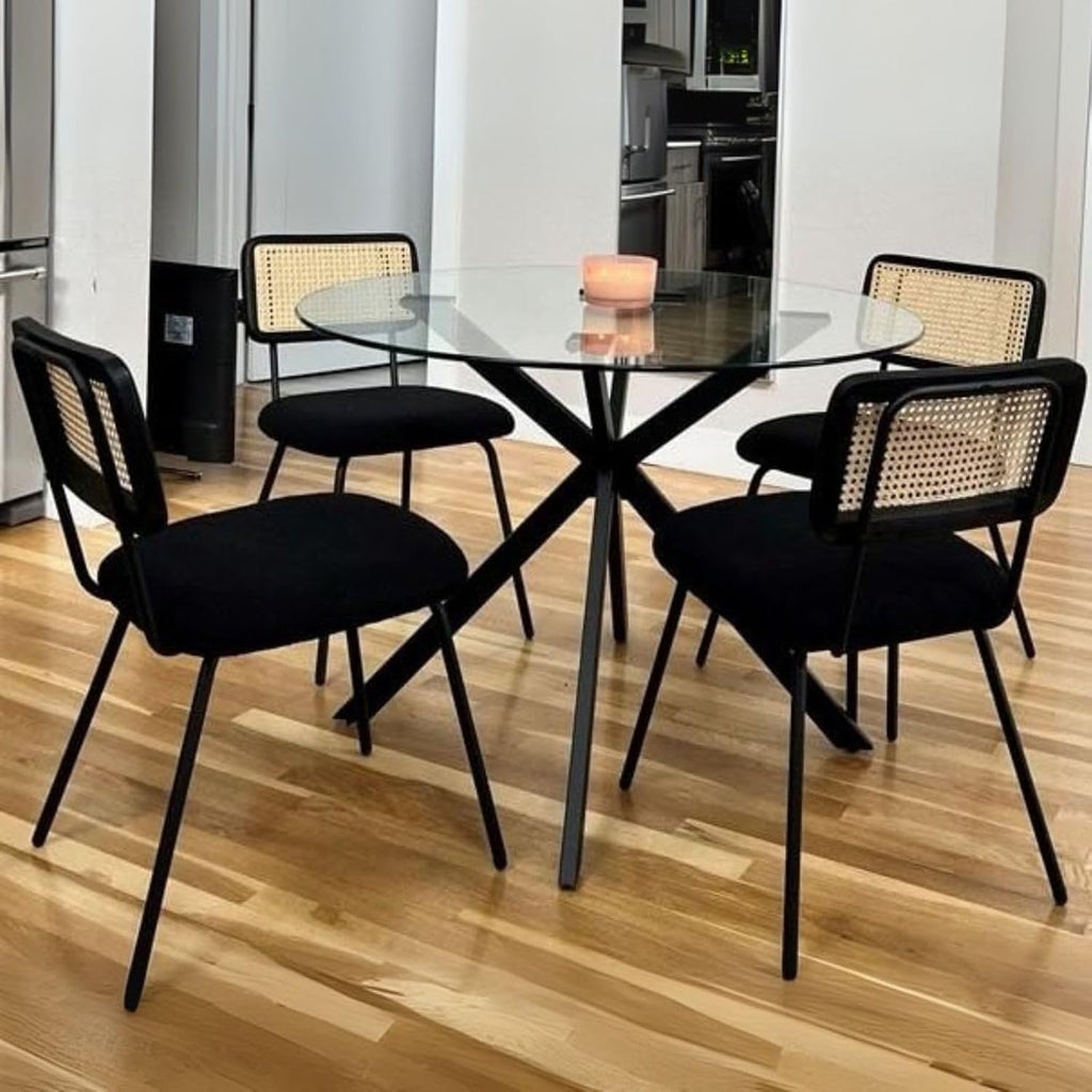 Hyfirm Black Rattan Modern Dining Chairs Set of 4, Armless Side Chairs with Metal Legs for Dining Room/Living Room