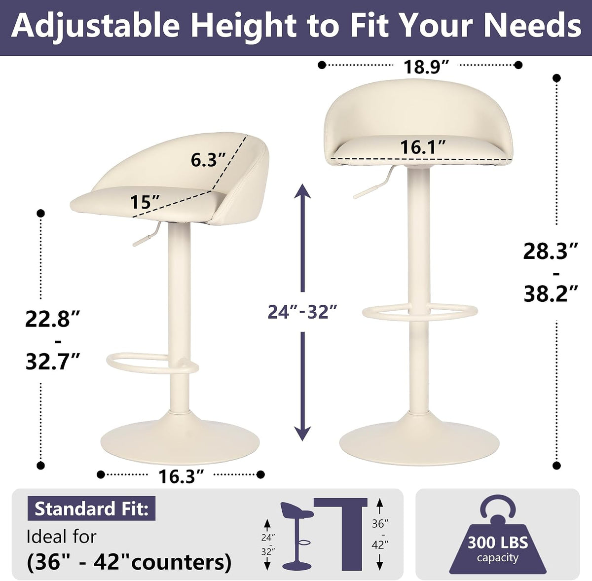YOUNIKE Bar Stools Set of 2 Kitchen Bar Chair Counter Height Barstool Cream | Faux Leather Upholstered Modern Adjustable Swivel Padded Low Backs for Breakfast Island Mid-Century Load 300LBS