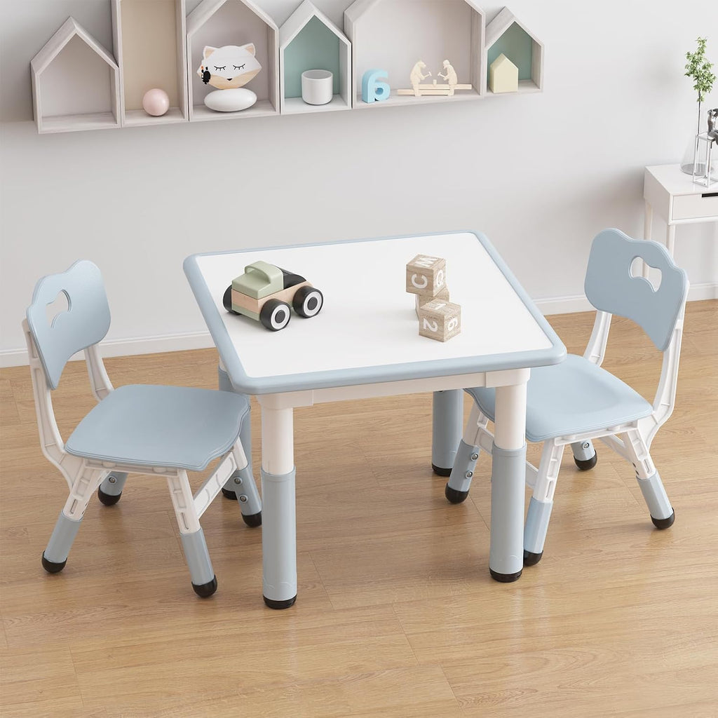 Takywep Kids Table & 2 Chairs Set, 23.6" Adjustable Desk, Anti-Slip, Grey | Rounded Edges, Multi Height Adjustment, Composite Wood Top, Anti-Slip Leg Pads