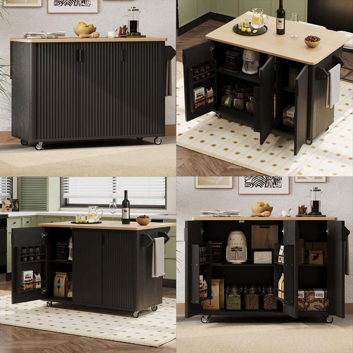 Portable Island for Kitchen with Drop Leaf with Storage and Dining Table, Narrow Kitchen Island with Wheels Towel Rack， for Kitchen, Dining Room, Black