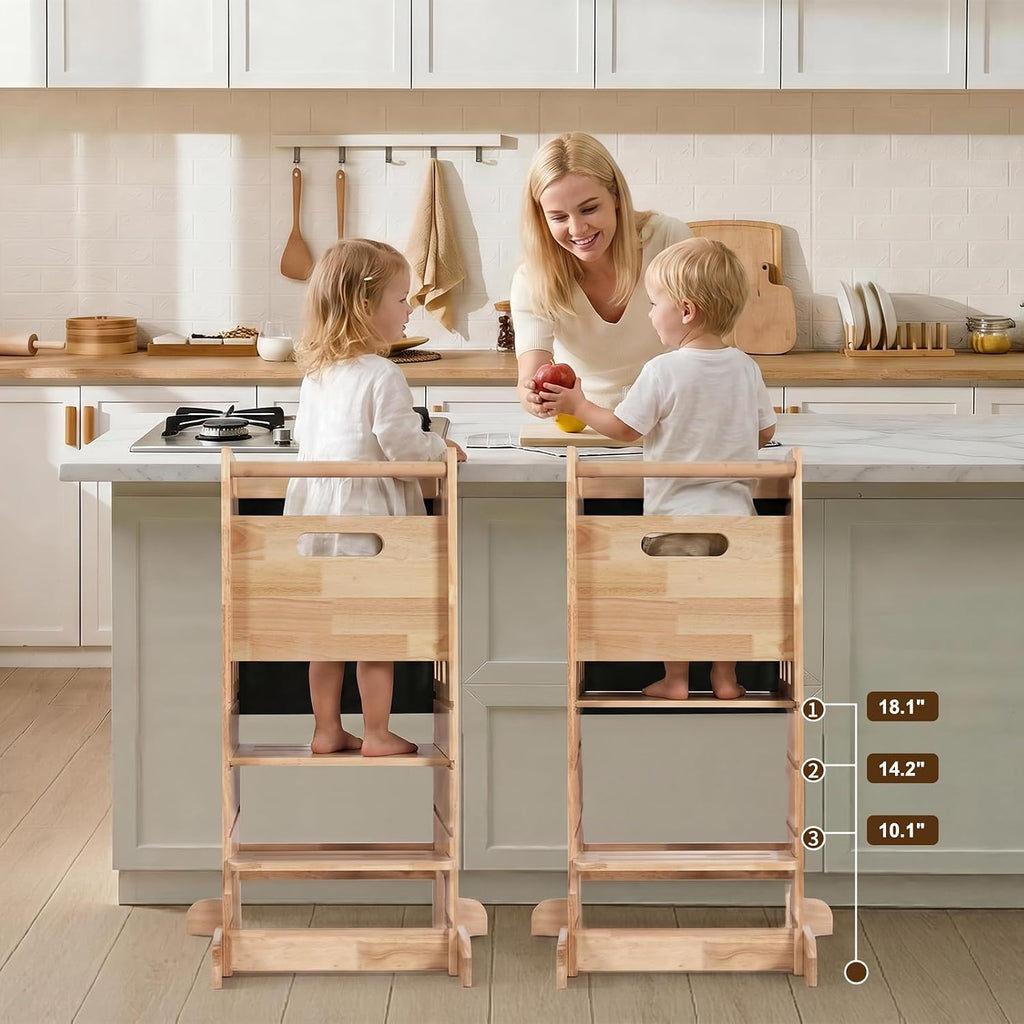 Rubber Wood Montessori Table and Chair,Toddler Tower Set, Wooden Kids Activity Toddler Table and Chair with Adjustable Height, Ideal for Eating, Reading, Drawing, Step Stool (Rubber Wood)