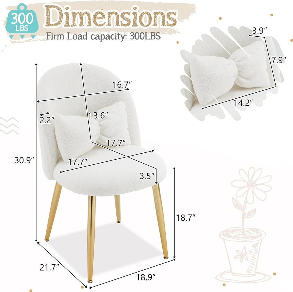 VINGLI Boucle Girls Vanity Chair with Back & Pillow,Cute Small Cozy Desk Chair No Wheels,Comfy Makeup Ch with Ajustable Gold Legs,for Bedroom,Living Room,Small Space,White