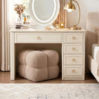 Zesthouse Square Pouf Ottomans Set of 2, Modern Vanity Chair for Bedroom | Sherpa Fabric Foot Rest for Couch, Upholstered Tufted Footstool, Poofy Ottoman Seat for Living Room Dorm, Fluffy Ottoman Tan