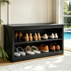 Farmhouse Storage Bench with 2-Tier Open Shelf, Shoe Bench with Cushion for Entryway, Mudroom, Hallway, Living Room & Bedroom Organization, Black
