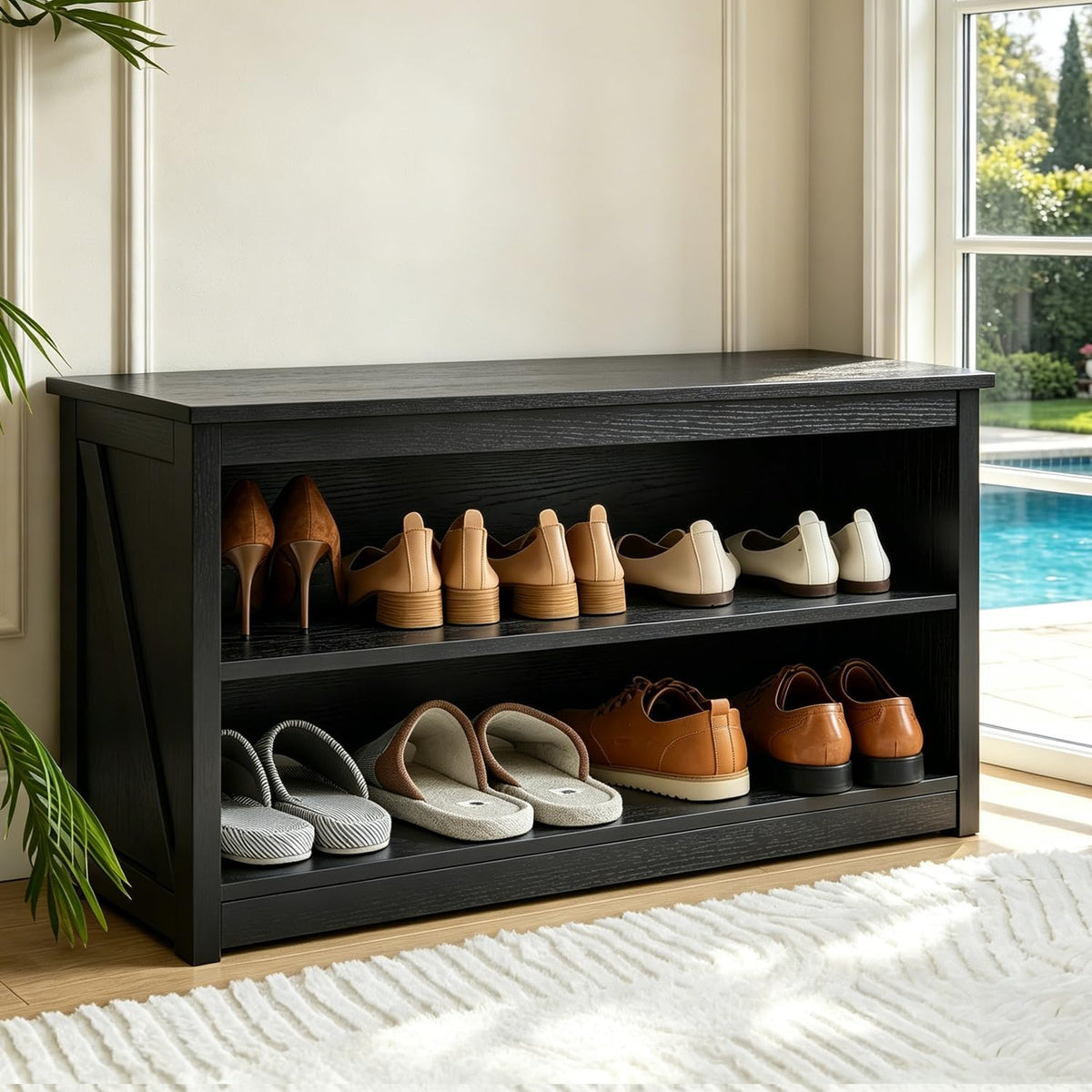 Farmhouse Storage Bench with 2-Tier Open Shelf, Shoe Bench with Cushion for Entryway, Mudroom, Hallway, Living Room & Bedroom Organization, Black