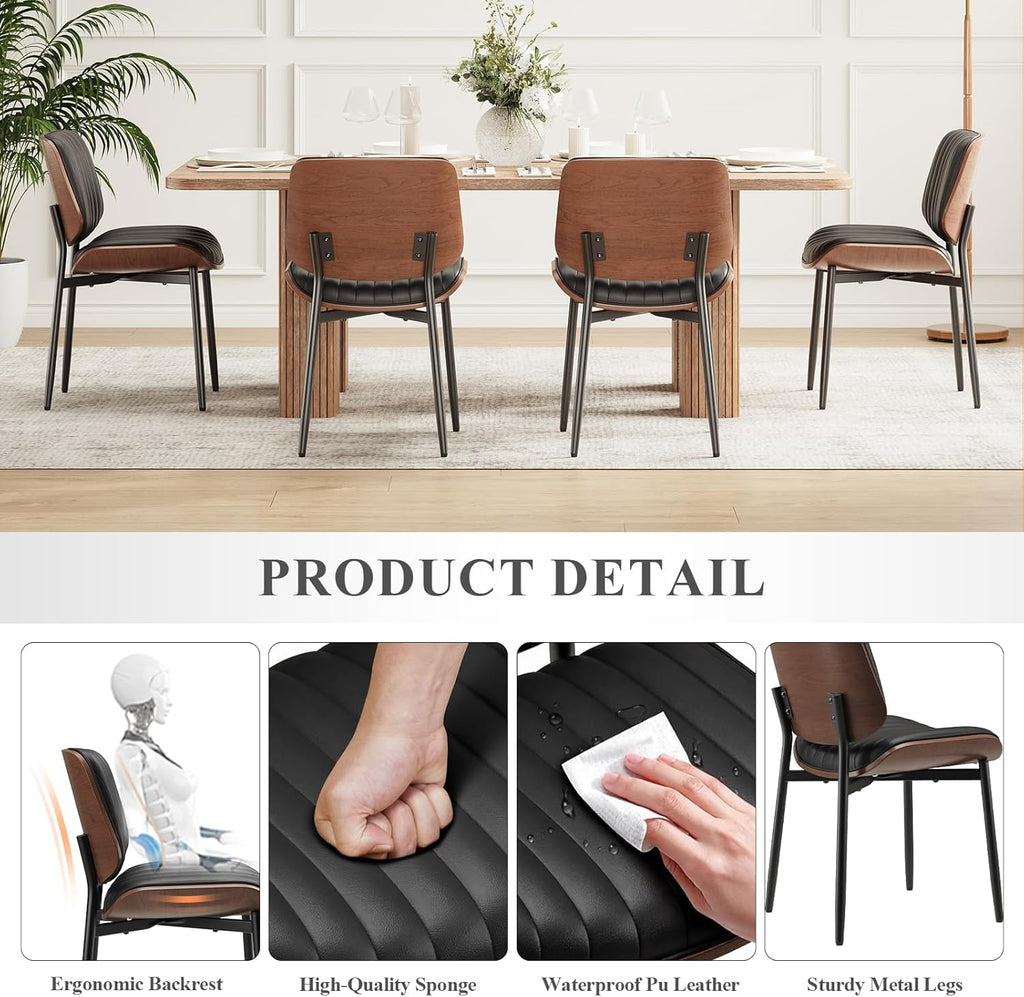 MALOL Leather Dining Chairs Set of 2, Modern Upholstered Dining Room Kitchen Chairs with Metal Legs and Wooden Back Support for Home Dining Room/Restaurant, Black