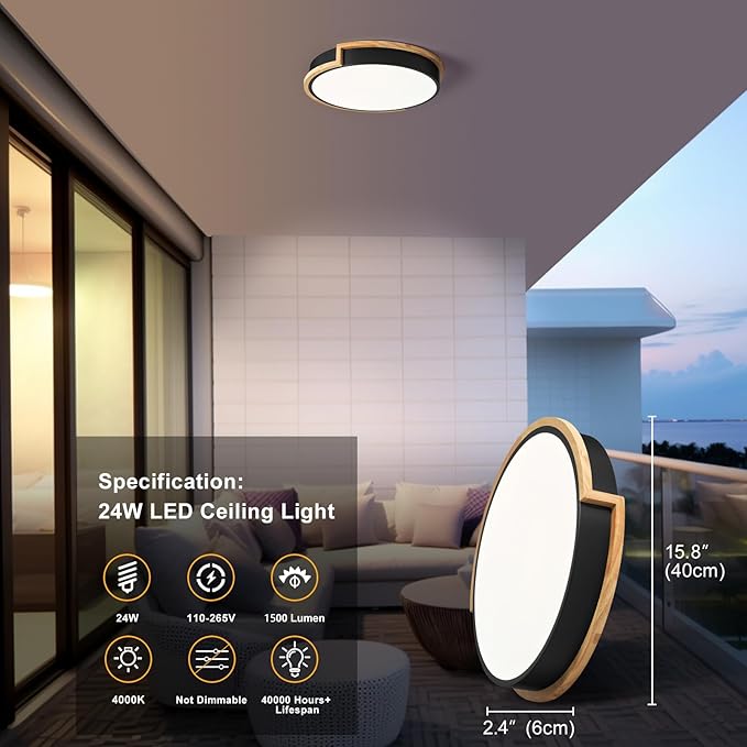 Modern LED Close to Ceiling Light, Round Flush Mount Ceiling Lighting Fixture, Matte Black with Wood Accent, Minimalist Kitchen Light Fixtures for Bedroom, Entryway, Living Room, 15.8in