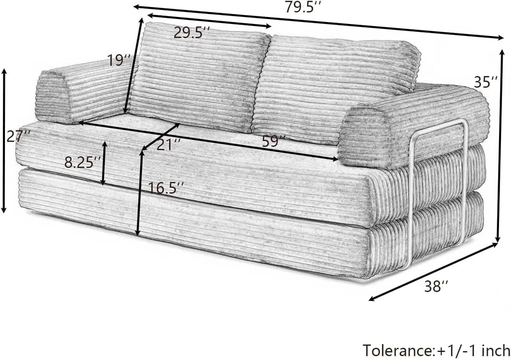 Convertible Folding Sofa Bed, Modern Futon Sleeper Sofa Fold Out Couch Bed with Gold Fixed Frame, Modular Floor Sofas Comfy Corduroy Couches for Living Room (80" Grey)