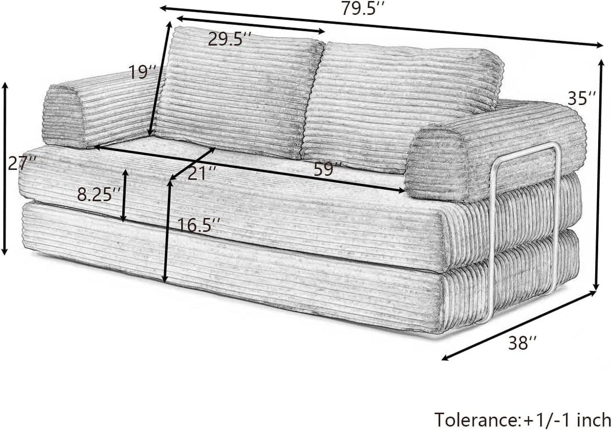 Convertible Folding Sofa Bed, Modern Futon Sleeper Sofa Fold Out Couch Bed with Gold Fixed Frame, Modular Floor Sofas Comfy Corduroy Couches for Living Room (80" Grey)