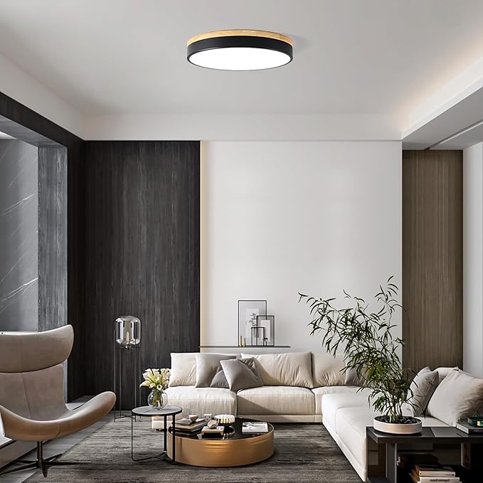 Dimmable Wood LED Ceiling Light, 5CCT 2700K-6000K Modern Black Flush Mount Ceiling Light, Minimalist Round Close to Ceiling Light Fixture for Living Room, Bedroom, Kitchen, 15.74in