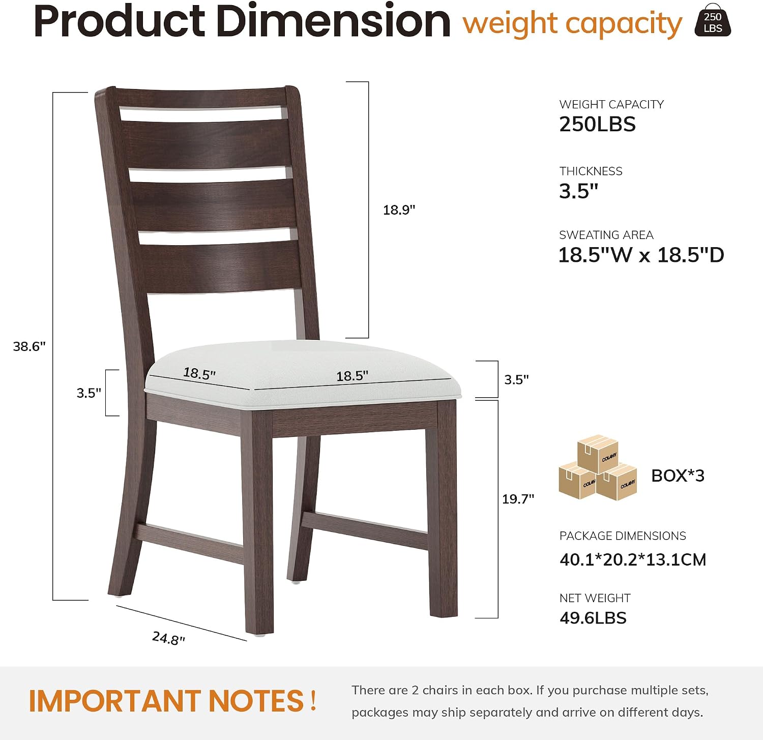 COLAMY Wooden Dining Chairs Set of 6, Farmhouse Upholstered Dining Room Chairs with 3.5" Thick Cushion, FSC Solid Wood Ladder Back Kitchen Chairs for Home and Restaurant, Easy Clean,Brown