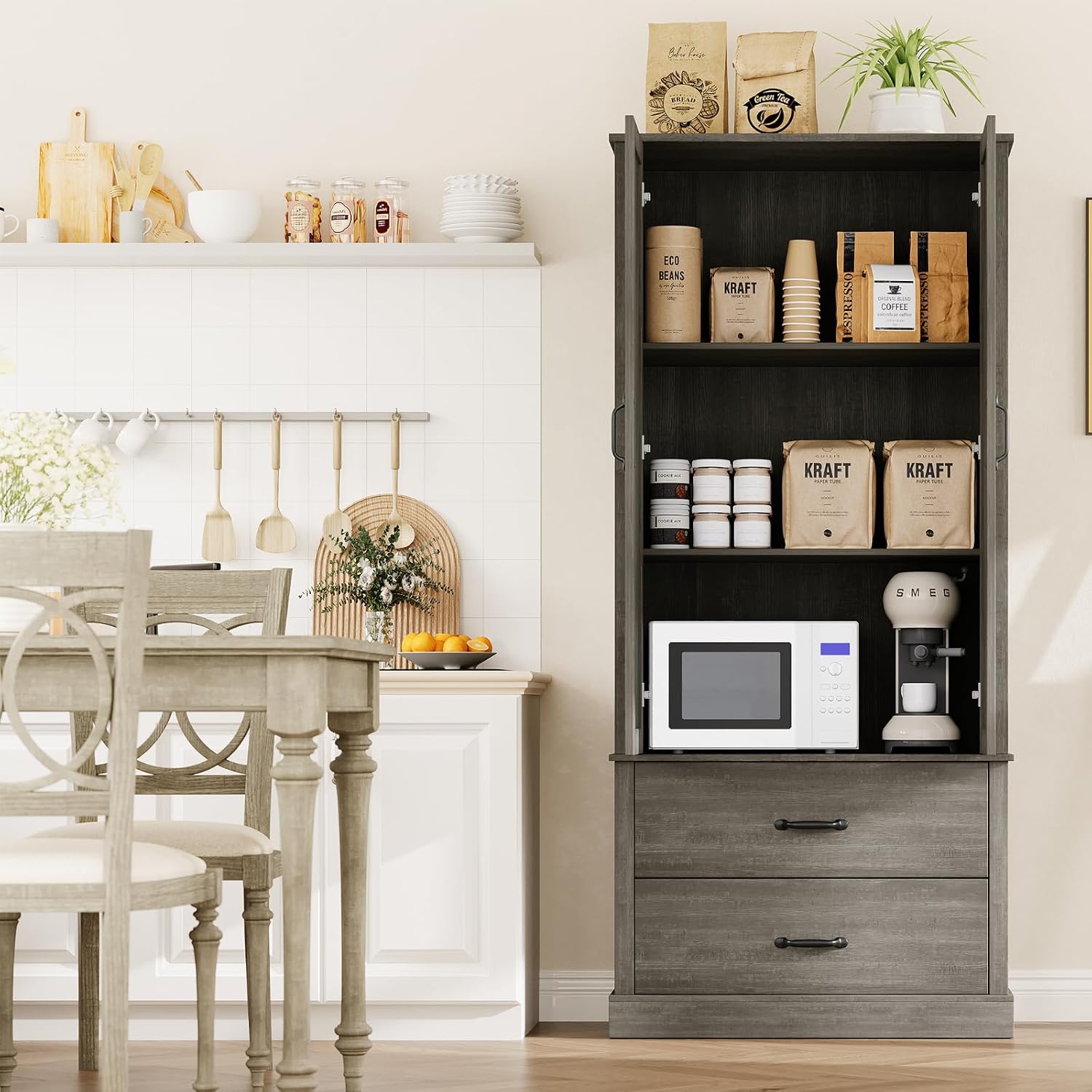65" Tall Kitchen Pantry Cabinet with Barn Doors, Drawers & Adjustable Shelf, Farmhouse Storage Cabinet with Doors and Shelves for Kitchen Pantry Storage Cabinet, Dining Room, Laundry & Entryway, Grey