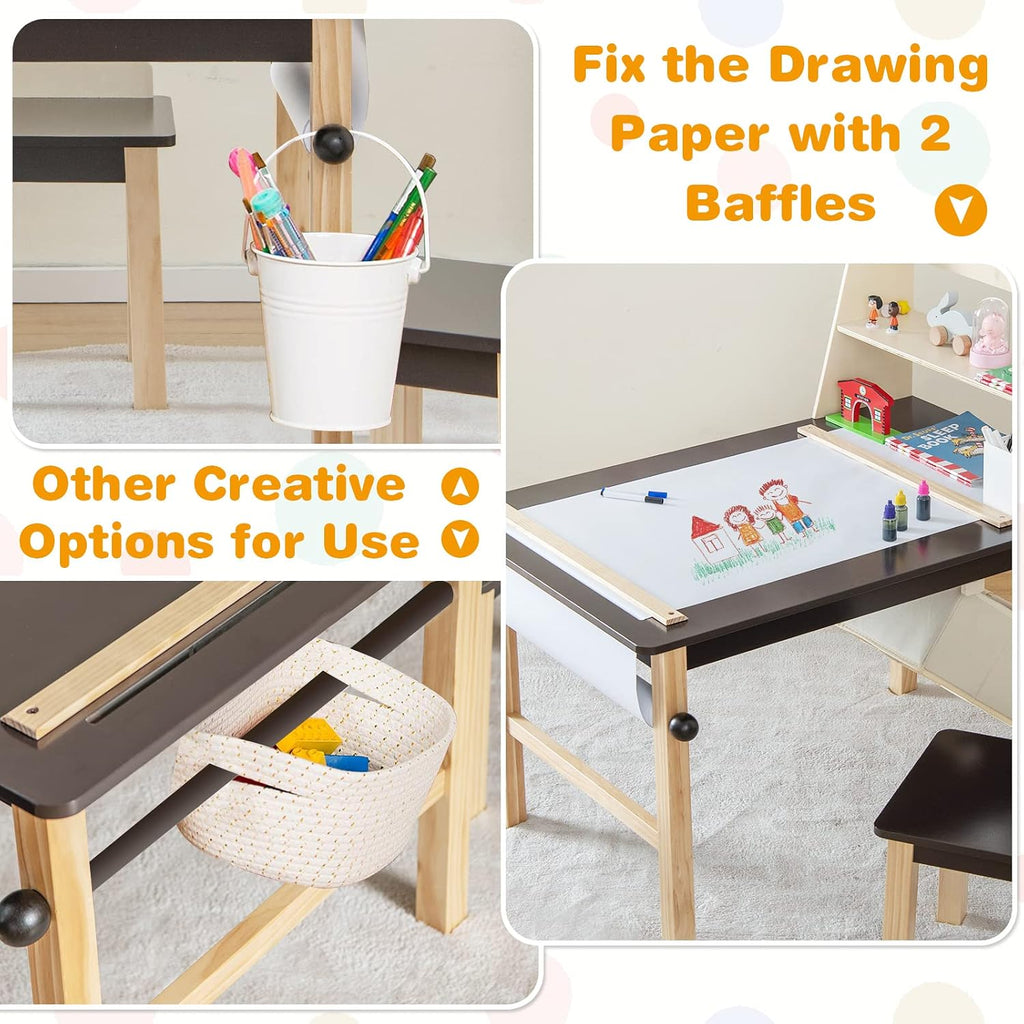 Costzon Kids Art Table and Chair Set, Wooden Activity Table and 2 Stools w/a Paper Roll, 2 Markers, 2 Storage Bins for 3+ Years Old Boys Girls Drawing Painting Craft, Toddler Table and Chairs (Brown)
