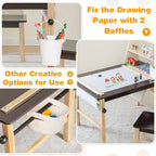 Costzon Kids Art Table and Chair Set, Wooden Activity Table and 2 Stools w/a Paper Roll, 2 Markers, 2 Storage Bins for 3+ Years Old Boys Girls Drawing Painting Craft, Toddler Table and Chairs (Brown)