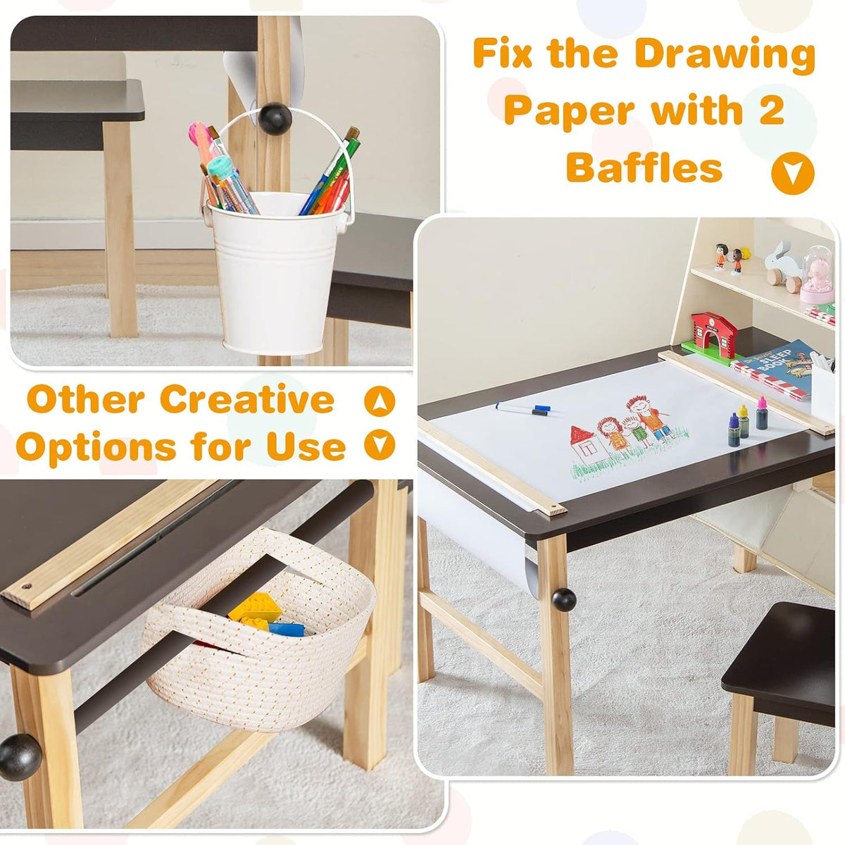 Costzon Kids Art Table and Chair Set, Wooden Activity Table and 2 Stools w/a Paper Roll, 2 Markers, 2 Storage Bins for 3+ Years Old Boys Girls Drawing Painting Craft, Toddler Table and Chairs (Brown)