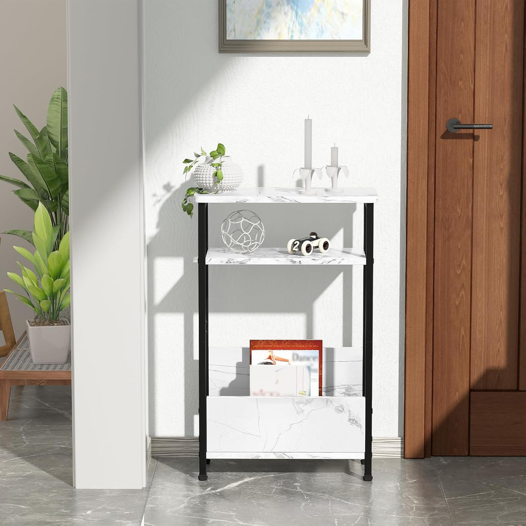 THUMEYE 7.1" Narrow Side Table for Small Spaces, 3 Tier Small End Table with Magazine Holder, Slim/Skinny Nightstand/Bedside Table for Living Room, Bedroom, 15.4" L x 24.2" H, Faux White Marble