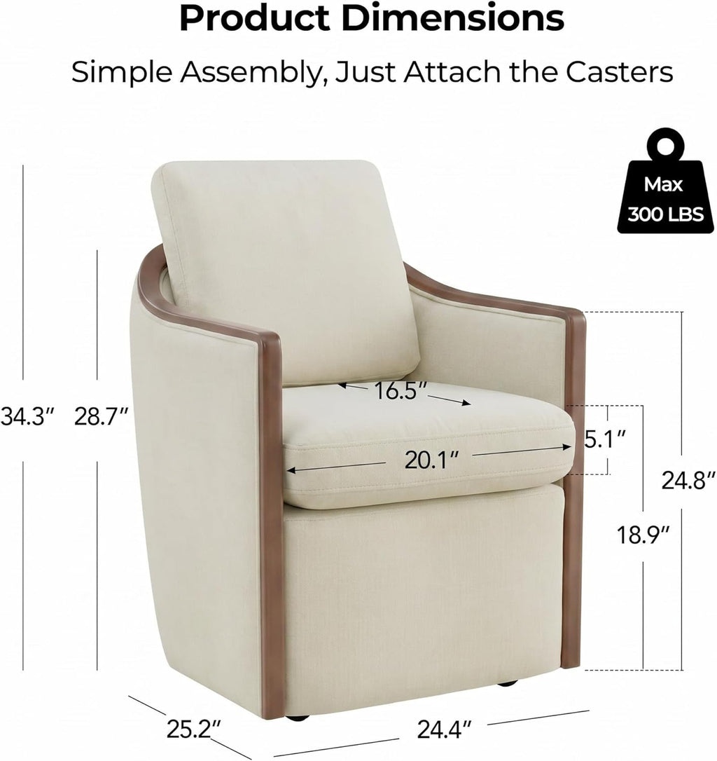 CHITA Upholstered Dining Chairs Set of 4 with Hidden Casters, Modern Dining Chair with Backrest & Wood Armrest, Chenille Barrel Chairs for Dining Room, Kitchen Chairs Fully Assembled, Cream