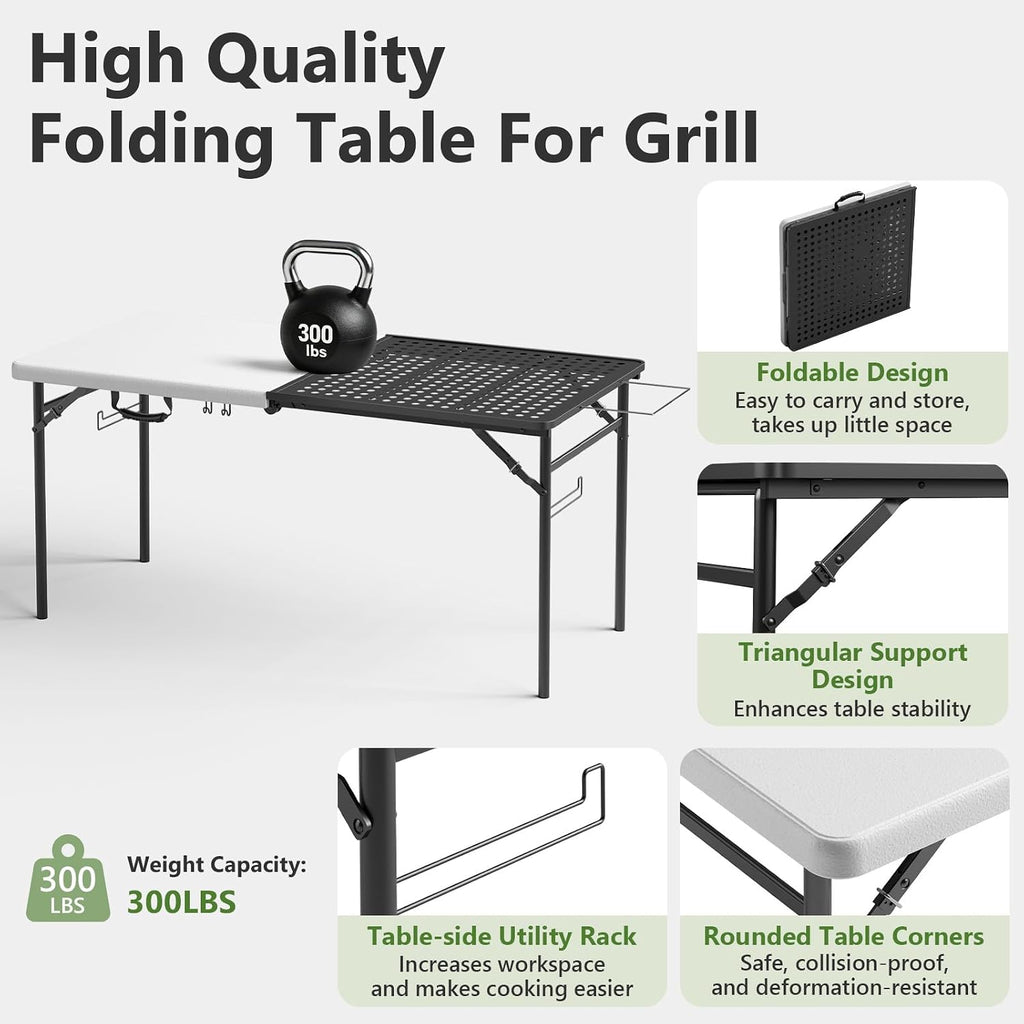 Folding Table, 5ft Folding Grill Table, Portable Camping Table for Cooking & BBQ Prep, 2-in-1 Metal&Solid Surface Foldable Grill Station for Party Cooking, Backyard, Patio Use,(Black and White)