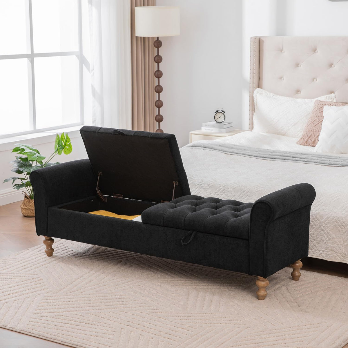 65.75" Modern Upholstered Ottoman with Storage, End of Bed Storage Bench with Rolled Armrest and Wood Legs, Comfy Napped Fabric Ottoman Bench for Living Room, Entryway, Dormitory, Bedroom (Black+A)