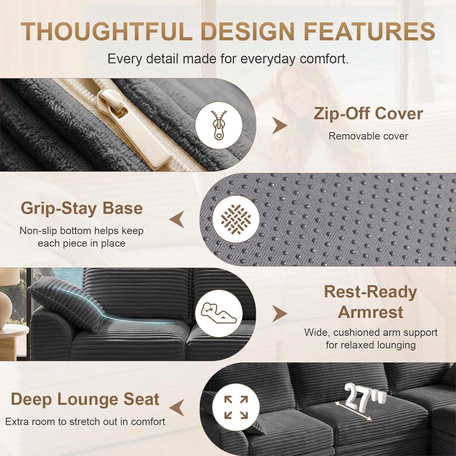 142" Upgraded Couch with Storage, Modular Sectional Couches for Living Room, Oversized Deep Seat 6-Seat U Shaped Cloud Sofa with Ottoman & Pillows,Corduroy,No Assembly (Gray)
