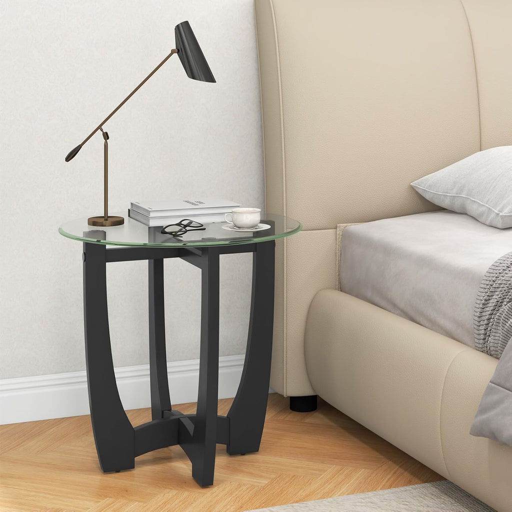 Giantex Glass End Tables Set of 2, Round Side Tables with Rubber Wood Frame & Tempered Glass Top, 23.5" Small Black Coffee Table, Modern Glass Nightstand for Living Room Balcony Bedroom, Easy Assembly