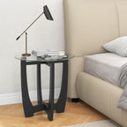 Giantex Glass End Tables Set of 2, Round Side Tables with Rubber Wood Frame & Tempered Glass Top, 23.5" Small Black Coffee Table, Modern Glass Nightstand for Living Room Balcony Bedroom, Easy Assembly