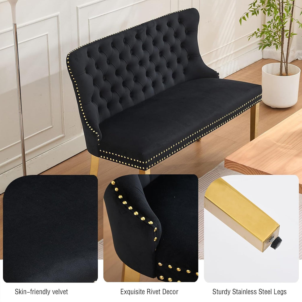 Henf Modern Tufted Velvet Dining Bench with Wing Back, 2-Seat, Nailhead Trim, Sturdy Stainless Steel Legs, Entryway Bench Small Upholstered Loveseat Sofa, 45.6''W x 22.7''D x 35.2''H (Black&Gold)