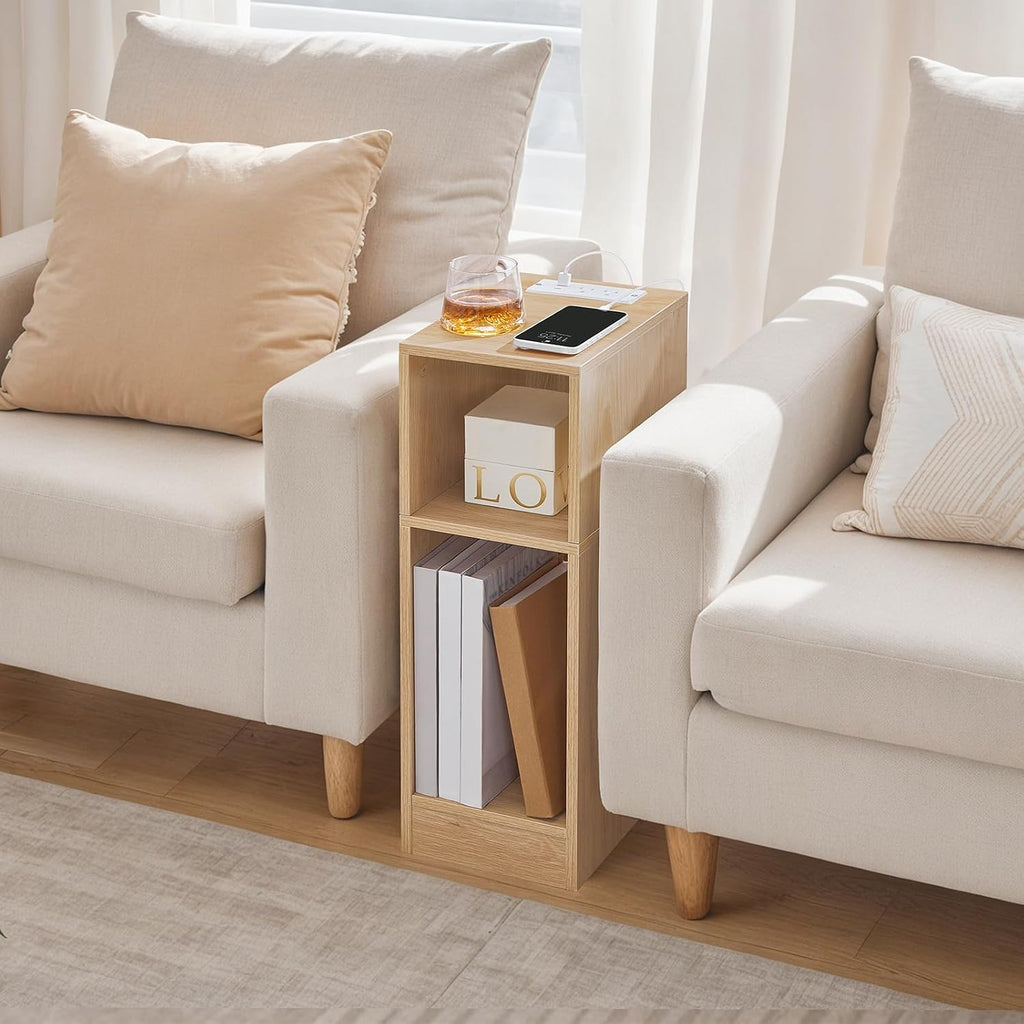 MAHANCRIS Narrow Nightstand, Narrow End Table with Charging Station, Skinny Bedside Table for Small Spaces, Mid Century Modern Night Stand for Bedroom, Living Room, Natural ETNA30E01