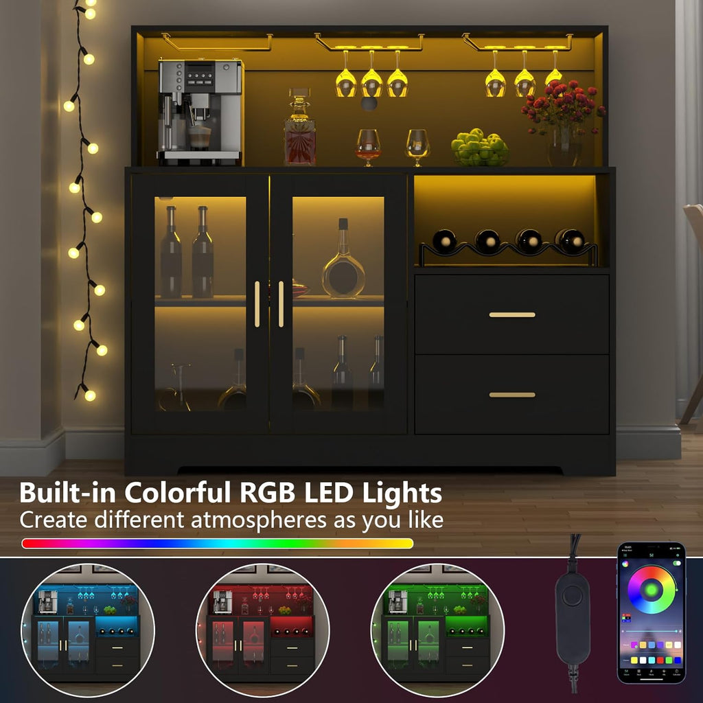 Bar Cabinet for Home with LED Light,Coffee Bar Cabinet w/ Wine & Glass Rack | Wine Cabinets with Drawers & Microwave Stand, Modern Liquor Cabinets for Kitchen, Living Room, Dining Room (Black)