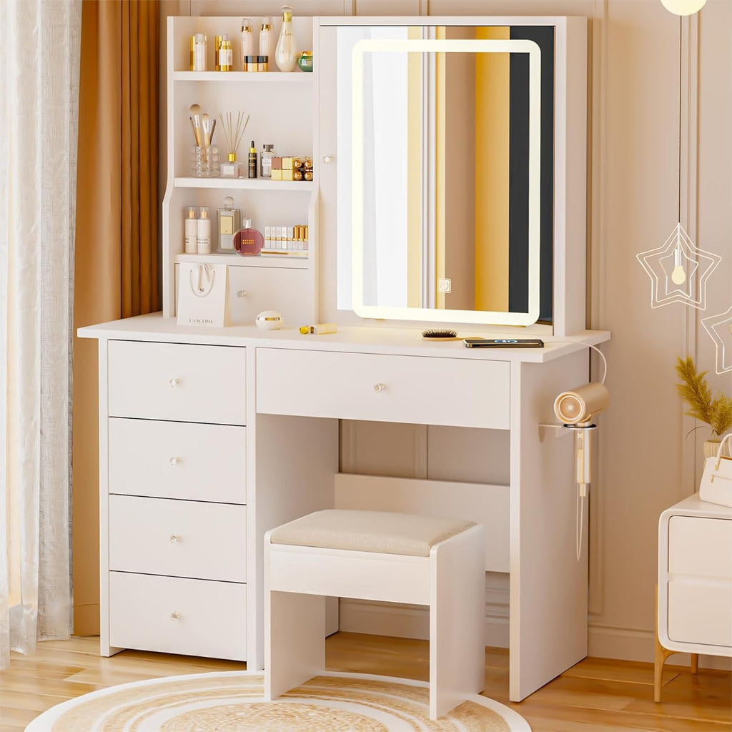 Vanity Desk with Mirror and LED Lights, Makeup Vanity Set with Power Outlet, and Stool,Jewelry Storage,White Vanity Desk for Bedroom