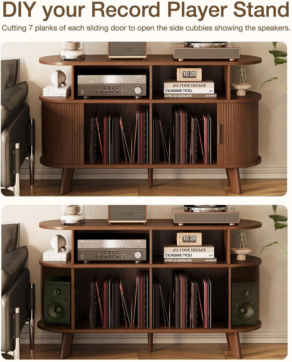 Record Player Stand, Midcentury Modern Furniture Turntable Stand with Sliding Doors, Audio-Video Shelving Cabinet, Fluted Media Stand and TV Stand for Living Room, Bedroom (Walnut) (Large)
