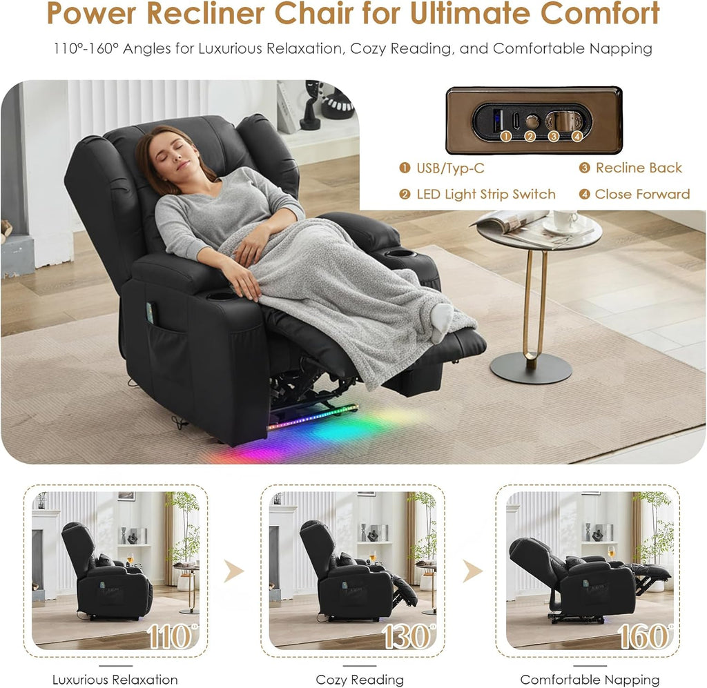 SAMERY Power Recliner Chair, Electric Wall Hugger Recliner Chair Reclining Sofa Home Theater Seating for Living Room with Massage & Heat, USB, LED Lights, Cup Holders, Side Pockets, Lumbar Pillow