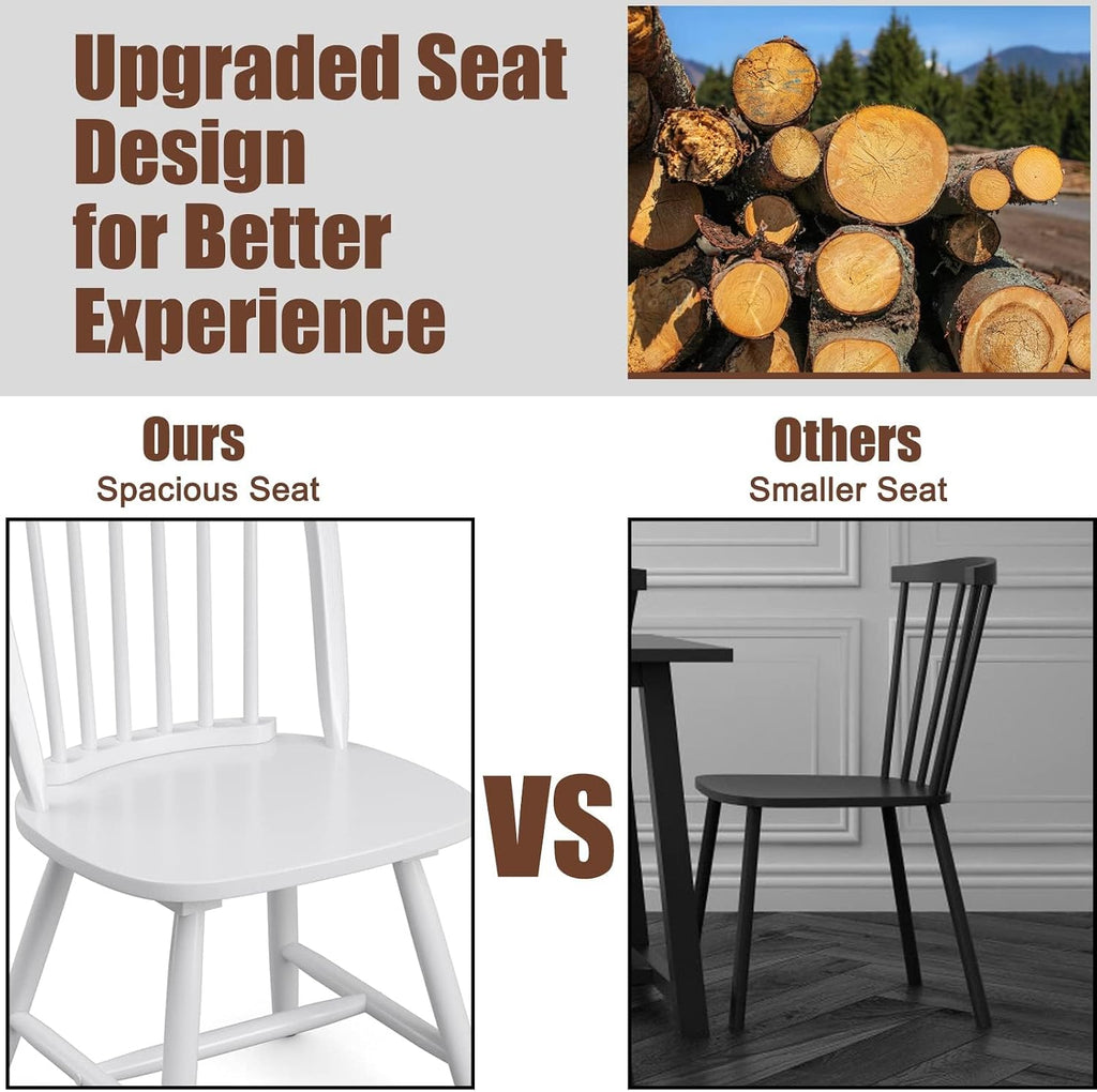 COSTWAY Windsor Dining Chairs Set of 2, Mid-Century Modern Wood Chairs w/Spindle Back & Reinforced H-Shaped Legs, Farmhouse Armless Kitchen Chair for Living Dining Room, Restaurant (White)
