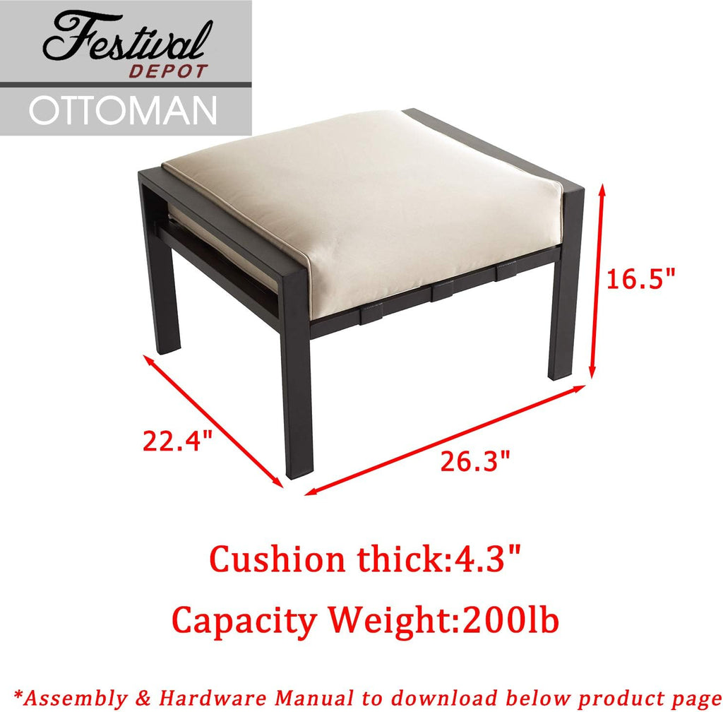 Festival Depot Dining Outdoor Patio Bistro Furniture Ottoman Footstool with Slatted Steel Frame Legs with Embed Premium Fabric Soft & Comfortable 4.3" Cushion Foot Rest for Garden Yard All-Weather