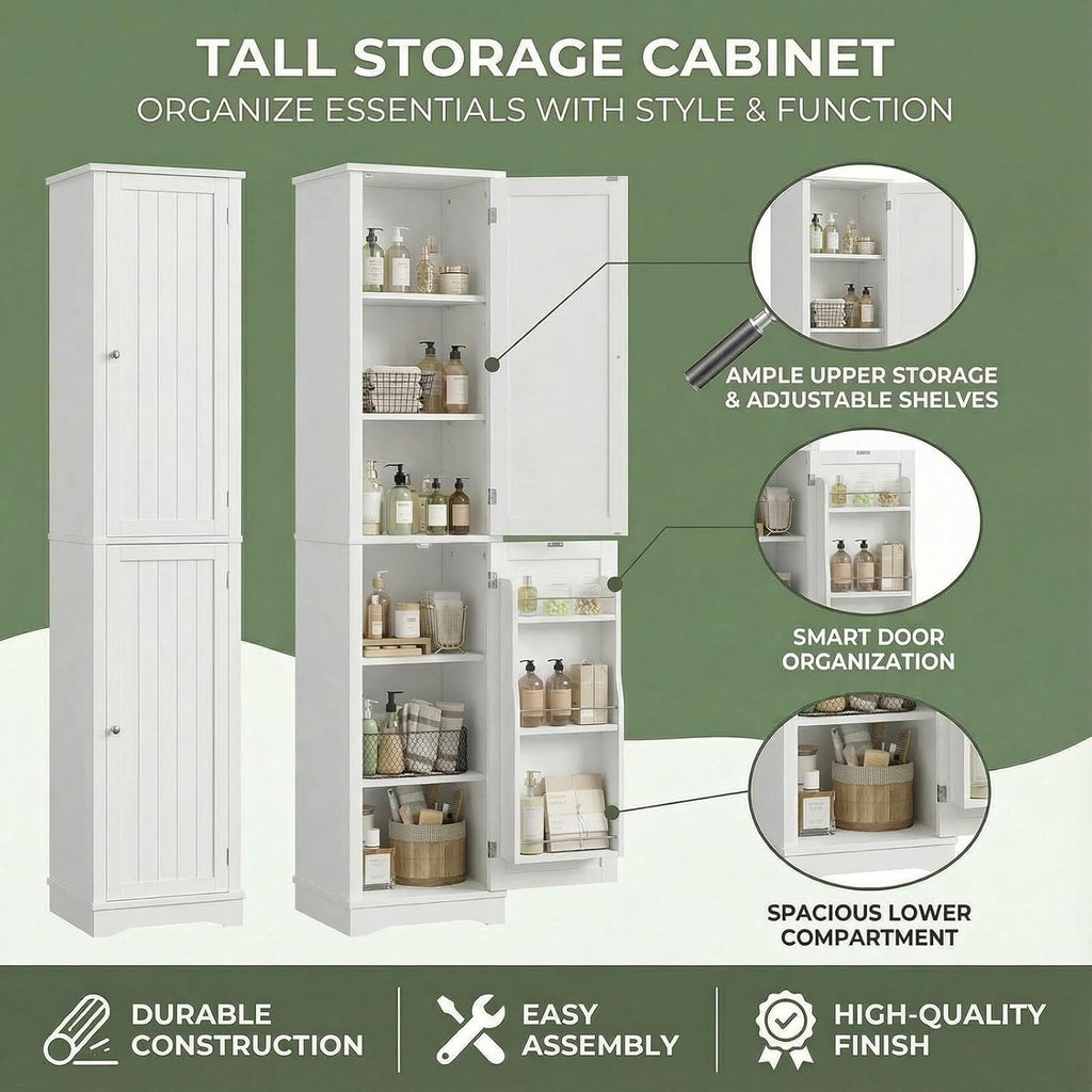 HIFIT 2 Set 71" Tall Narrow Storage Cabinet with 2 Reversible Doors, Small Kitchen Pantry Cabinet with Adjustable Shelves & Spice Rack, Slim Storage Cabinets for Bathroom, Living Room, Entryway, White