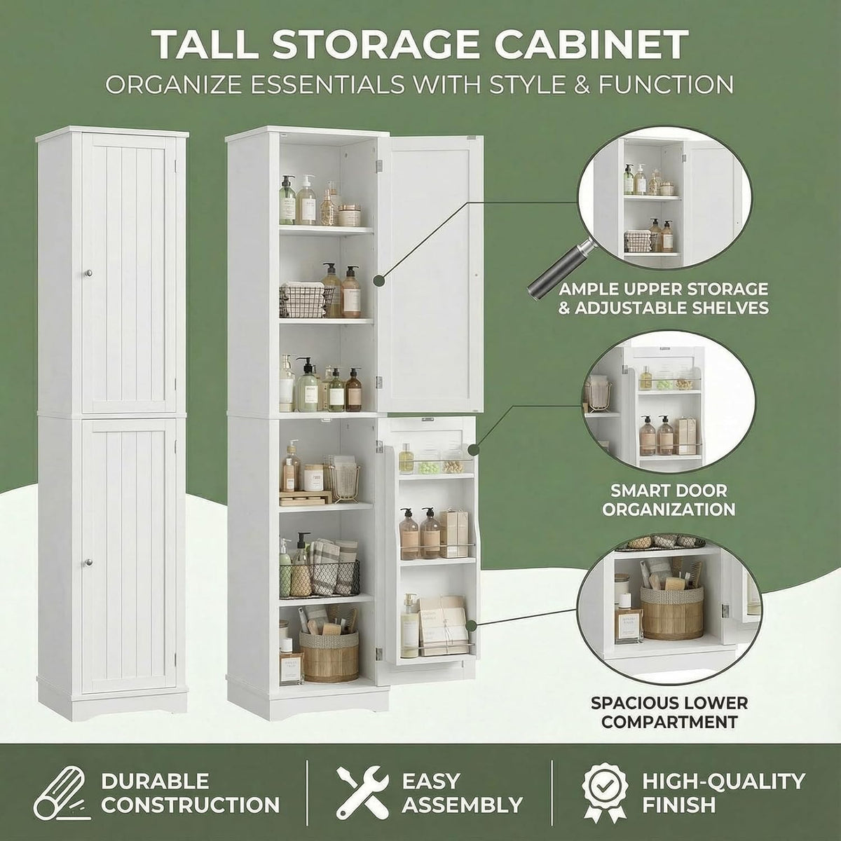 HIFIT 2 Set 71" Tall Narrow Storage Cabinet with 2 Reversible Doors, Small Kitchen Pantry Cabinet with Adjustable Shelves & Spice Rack, Slim Storage Cabinets for Bathroom, Living Room, Entryway, White
