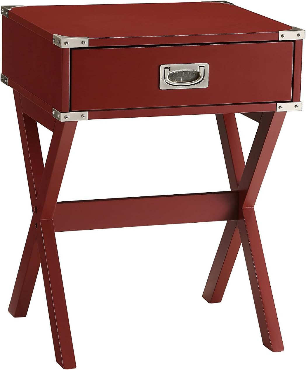 16" Square Accent Table, Drawer Storage, X-Shaped Base with Metal Corner Trim for Living Room, Red