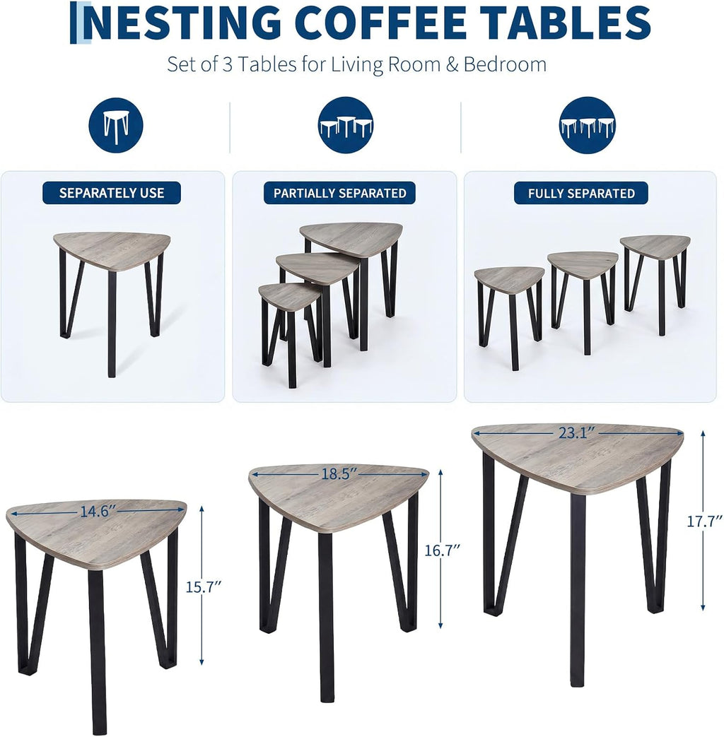 Nesting Coffee Tables Set of 3,Triangle Rustic Industrial Side End Tables for Home