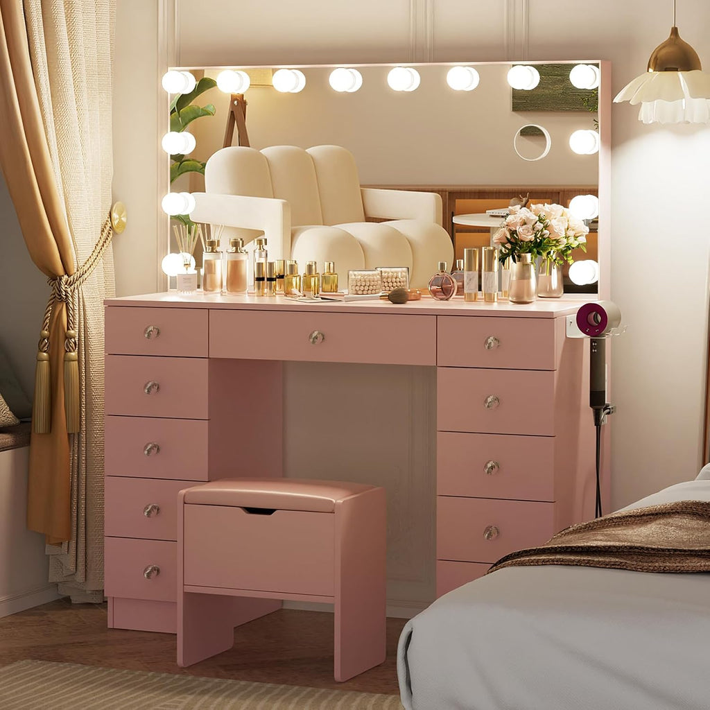 VOWNER Vanity with Lighted Mirror - Makeup Vanity Desk with Lights | Women Vanity with 11 Drawers, 3 Color Lighting Modes Adjustable Brightness, 46" Makeup Desk with Stool for Bedroom, Pink