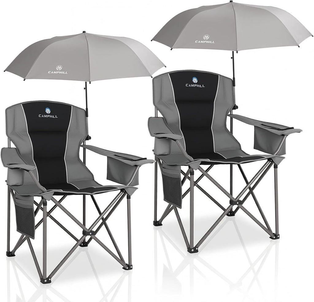 2 Pack Oversized Camping Chairs with Adjustable Umbrella-Folding Padded Lawn Chair with Backrest & Comfy Armrest-Heavy Duty for Beach Patio Picnic,Black