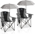 2 Pack Oversized Camping Chairs with Adjustable Umbrella-Folding Padded Lawn Chair with Backrest & Comfy Armrest-Heavy Duty for Beach Patio Picnic,Black