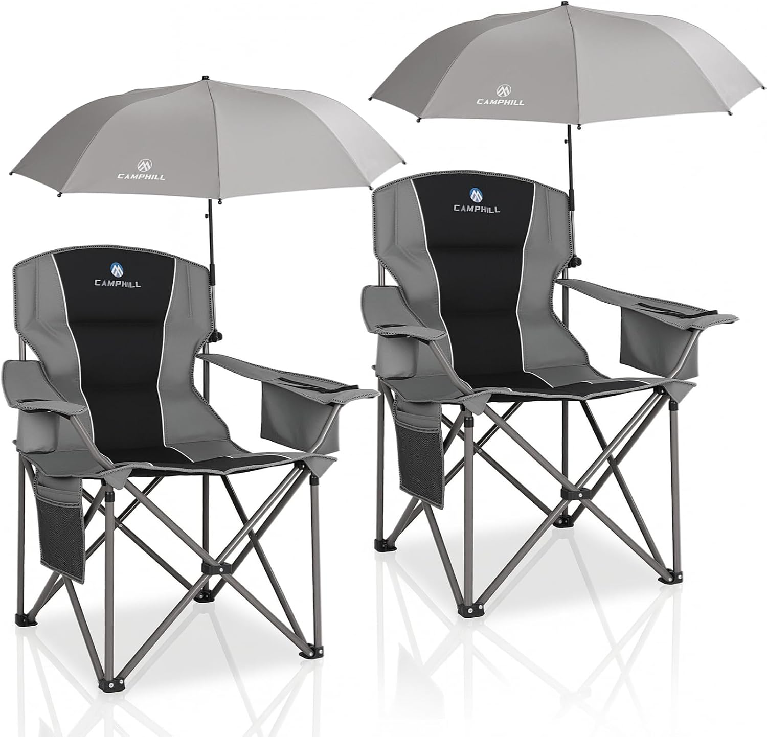 2 Pack Oversized Camping Chairs with Adjustable Umbrella-Folding Padded Lawn Chair with Backrest & Comfy Armrest-Heavy Duty for Beach Patio Picnic,Black