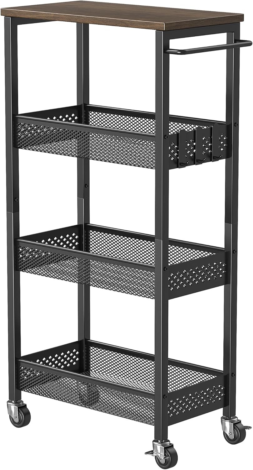 XYZLVSI Slim Rolling Storage Cart, 4 Tier Small Bathroom Cart Organizer | 9.1" W narrow storage cabinet with wooden top and metal handle, ideal for kitchen/dorm, between washer and dryer storage
